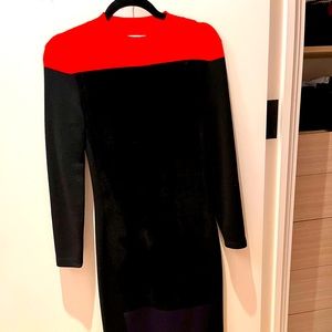 Elegant DVF winter dress: red, black, and grey color blocked cashmere and suede
